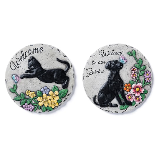 Glitzhome® 10" Set of 2 Cement Cat and Dog Textured Stepping Stones in Black | 10" x 0.75" x 10" | Michaels®